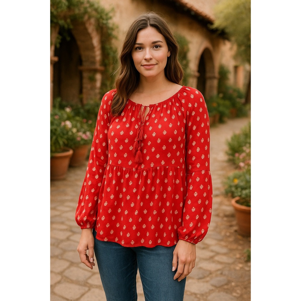 Old Navy Women's Top Sz L Red Boho Peasant Tasseled Floral Earthy Indie Romantic